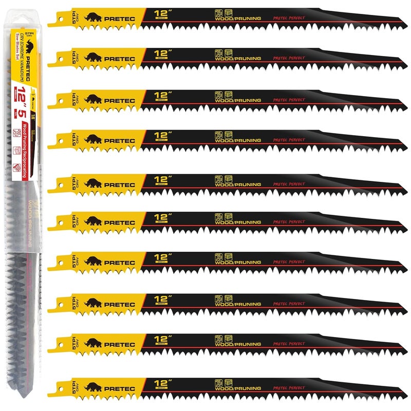 PRETEC Wood Pruning Reciprocating Saw Blades, 12 Inch Pruning Blades for Reciprocating Saw, High Carbon Steel Reciprocal Saw Blades for Tree Trimming, Wood Cutting with Organizer Case, (10 Pack/5TPI) - Image 1